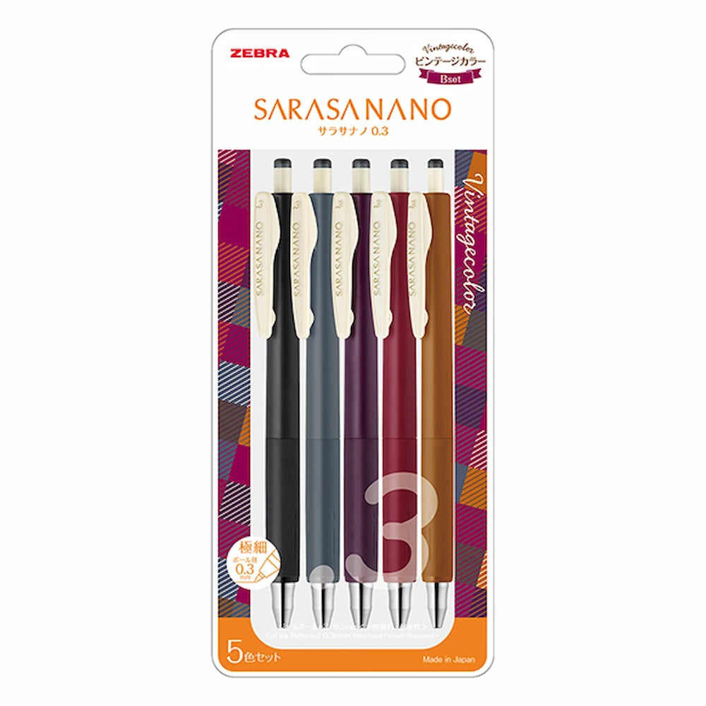 ZEBRA Sarasa Nano Gel Ballpoint Pen 0.3mm Vintage Color Set (5-Pack) - Set B by Techo Treats Stationery