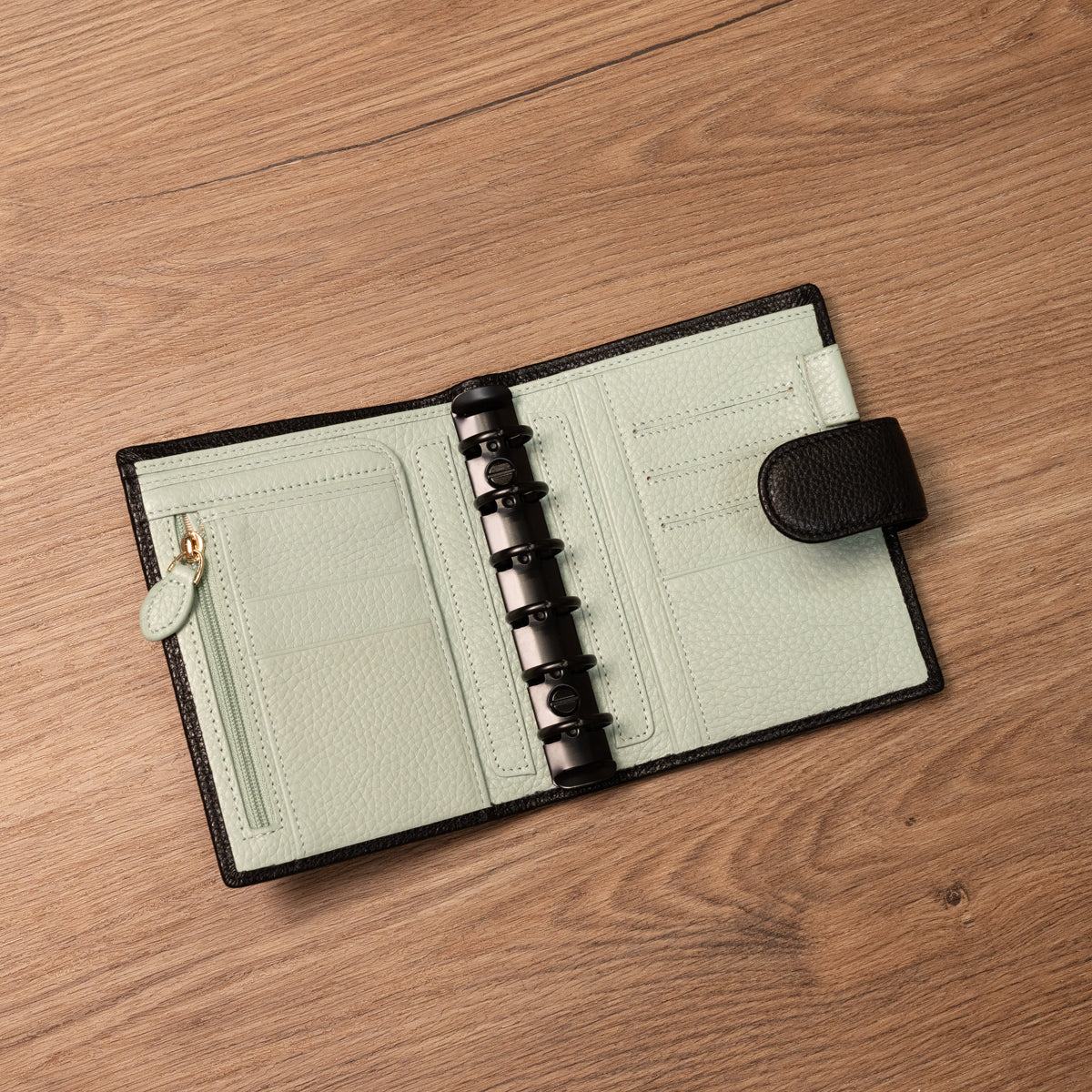 A7 Lychee Grain Leather Planner - Black x Mint Green - Techo Treats