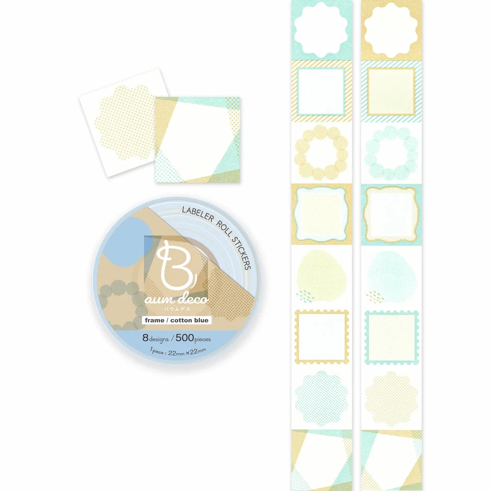 Beverly Baum deco Labeler Roll Stickers (9 designs) - Square - Cotton Blue Frame by Techo Treats Stationery