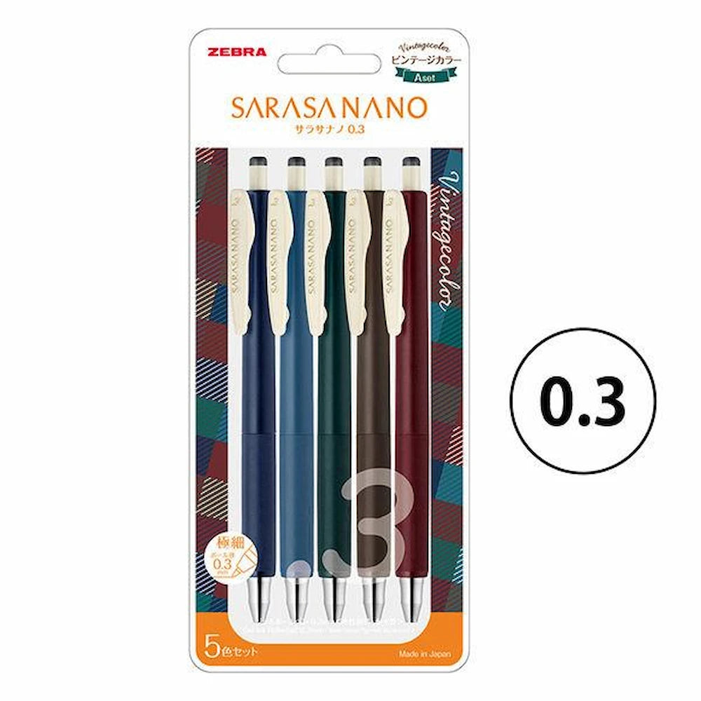 ZEBRA Sarasa Nano Gel Ballpoint Pen 0.3mm Vintage Color Set (5-Pack) - Set A by Techo Treats Stationery