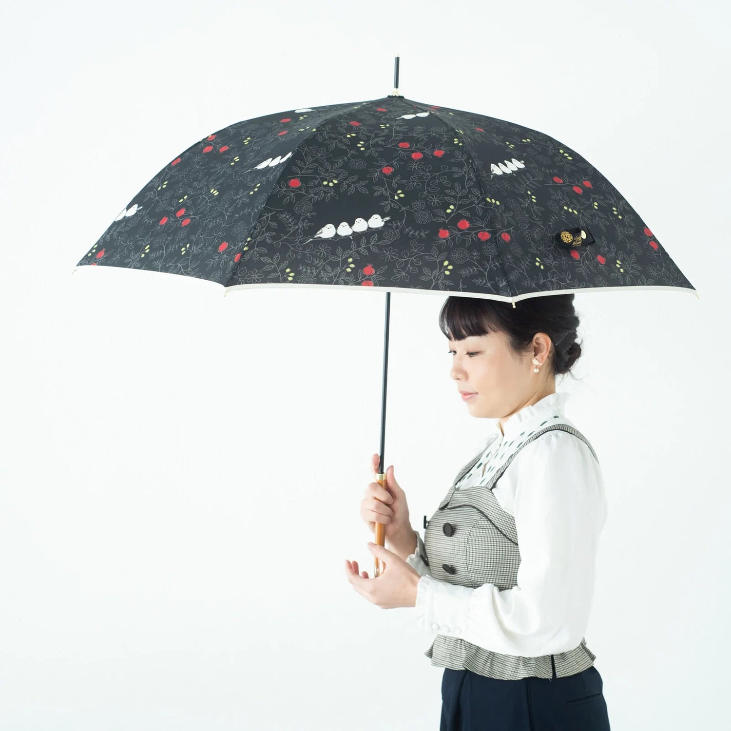 Shimaenaga Long-tailed Tit Long Umbrella (Black) - 60cm Windproof - Techo Treats