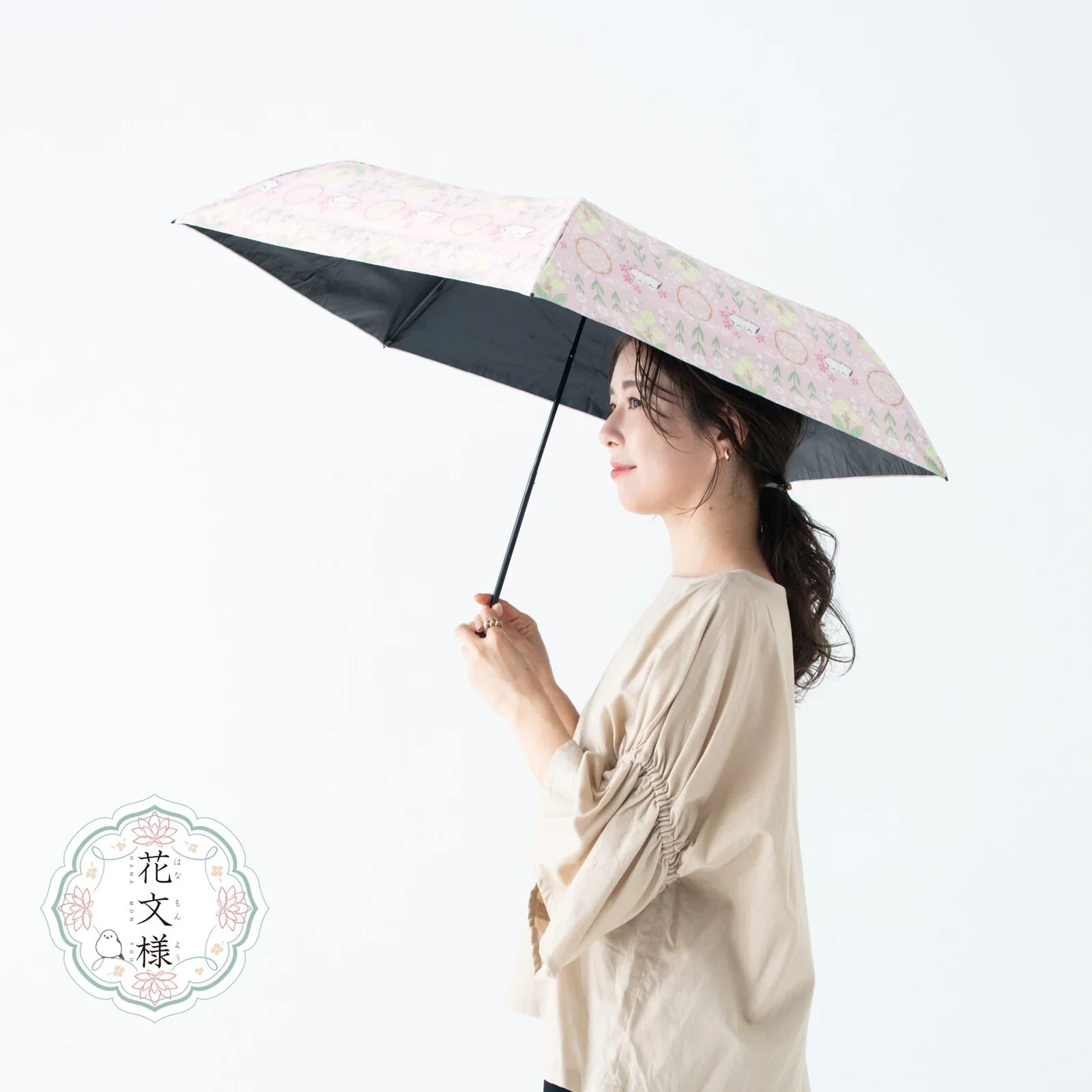 Shimaenaga Long-tailed Tit Mini Folding Umbrella (Flower Pattern - Pink) - 50cm All-weather UV- and Heat-blocking - MIKUNI - Default Title by Techo Treats Stationery