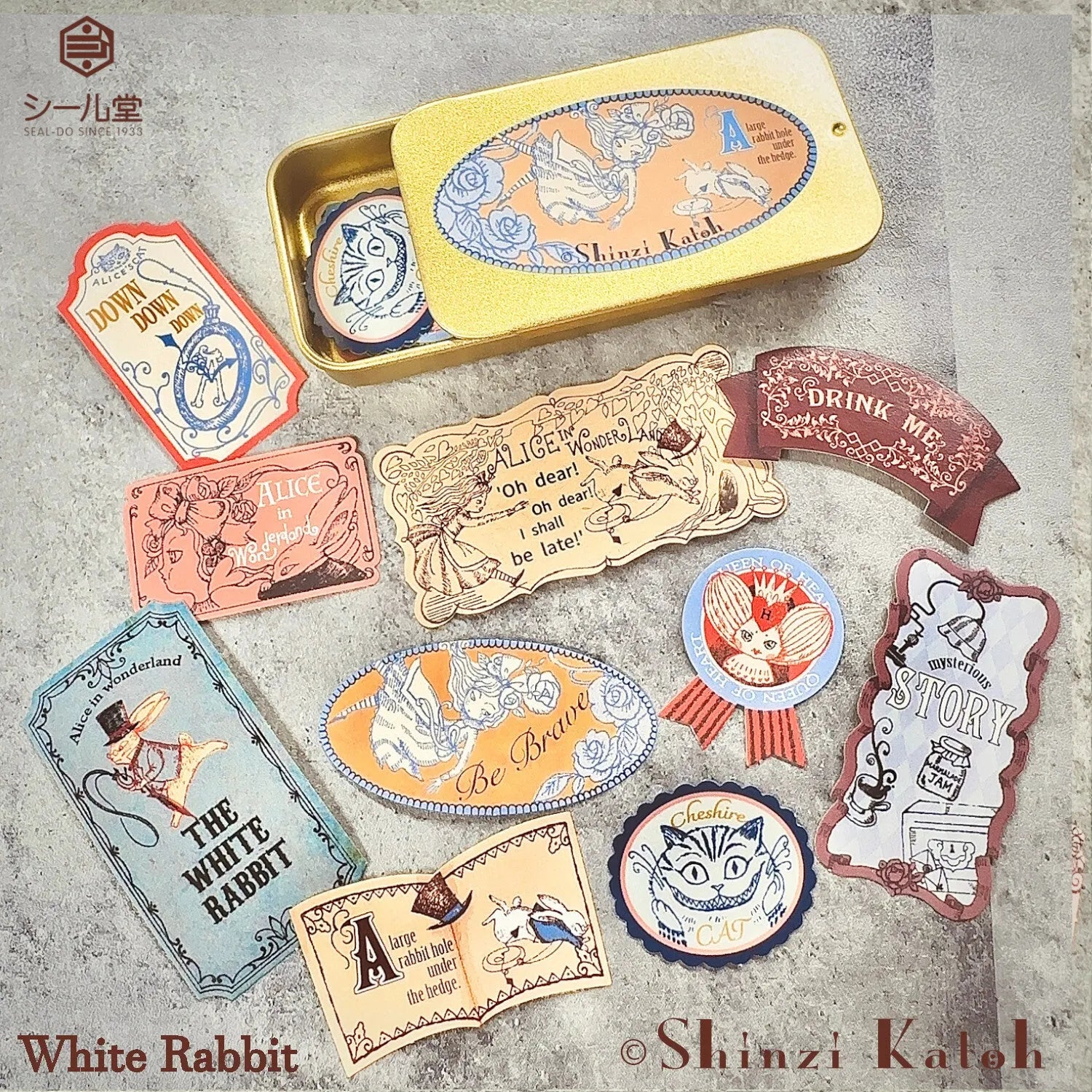 Shinzi Katoh Alice in Wonderland Flake Stickers in Tin - White Rabbit - Techo Treats