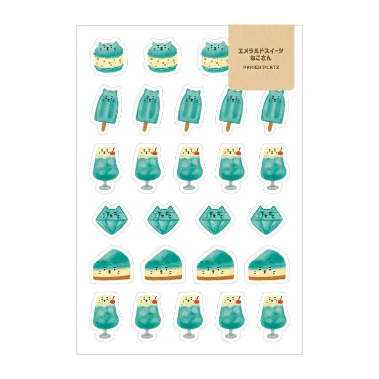 AOYOSHI Food x Animal Sticker Vol.3 - 040 Emerald Dessert Cat - Papier Platz - Default Title by Techo Treats Stationery