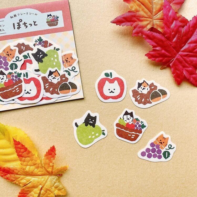 Autumn Limited Pochitto Flake Stickers - Fruit Cat - Furukawa Shiko - Default Title by Techo Treats Stationery