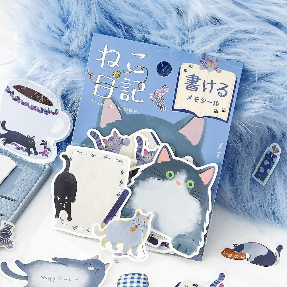 BGM Cat Diary Writable Memo Stickers - Blue