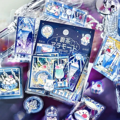 Cafe A La Mode Stained Glass Foil-stamped Clear Sticker - Blue - Techo Treats