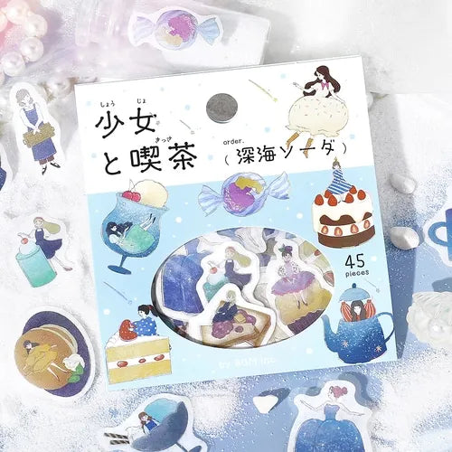 Girl and Cafe Foil-stamped Flake Seal - Deep Sea Soda - Techo Treats