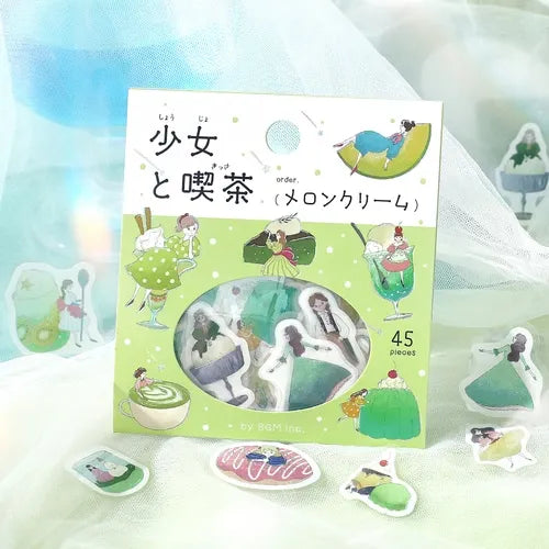 Girl and Cafe Foil-stamped Flake Seal - Melon Cream - Techo Treats