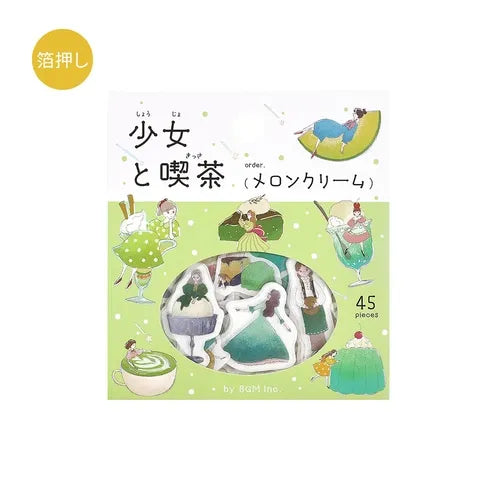 Girl and Cafe Foil-stamped Flake Seal - Melon Cream - Techo Treats