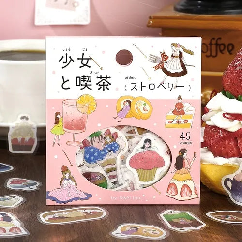 Girl and Cafe Foil-stamped Flake Seal - Strawberry - Techo Treats