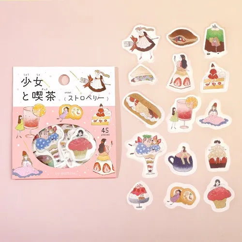 Girl and Cafe Foil-stamped Flake Seal - Strawberry - Techo Treats