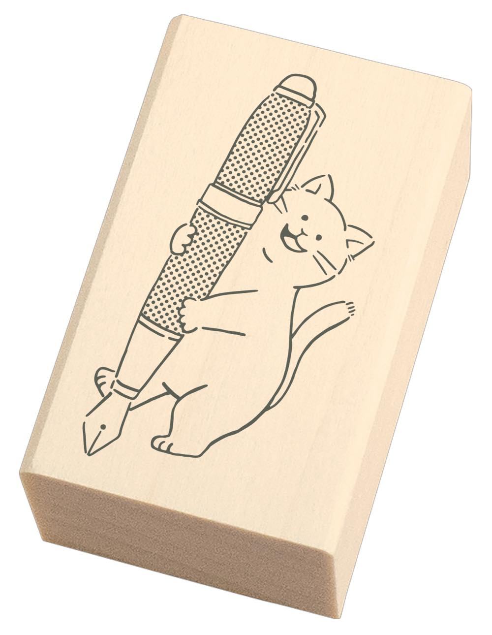 Ink Aibou Wooden Stamp - Cat and Fountain Pen - Techo Treats
