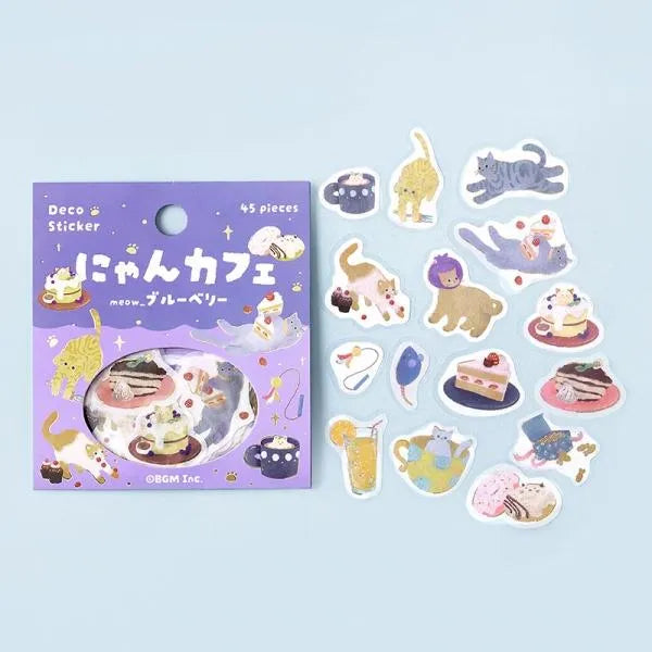 Kitten Cafe Foil-stamped Washi Flake Seal - Blueberry - Techo Treats