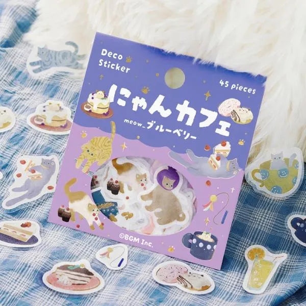 Kitten Cafe Foil-stamped Washi Flake Seal - Blueberry - Techo Treats