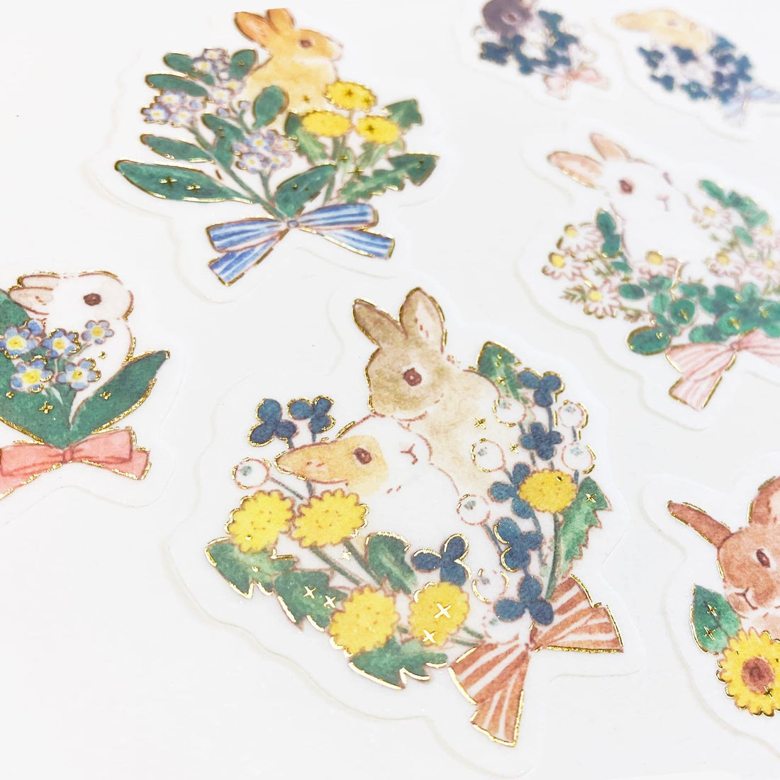 Moriyama Schinako Flake Stickers - Rabbit and Flowers - Techo Treats