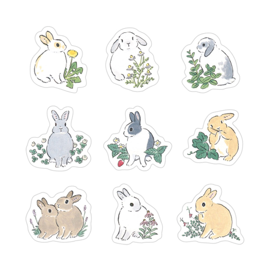 Moriyama Schinako Flake Stickers - Rabbit and Wildflowers - Techo Treats