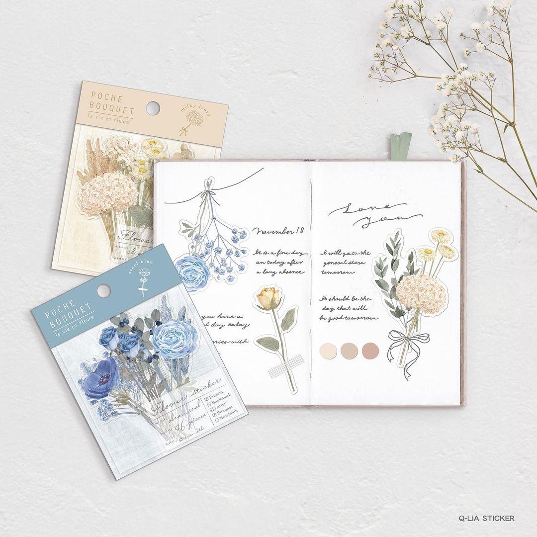 Q-LiA POCHE BOUQUET Flake Stickers - Dark Green - Default Title by Techo Treats Stationery
