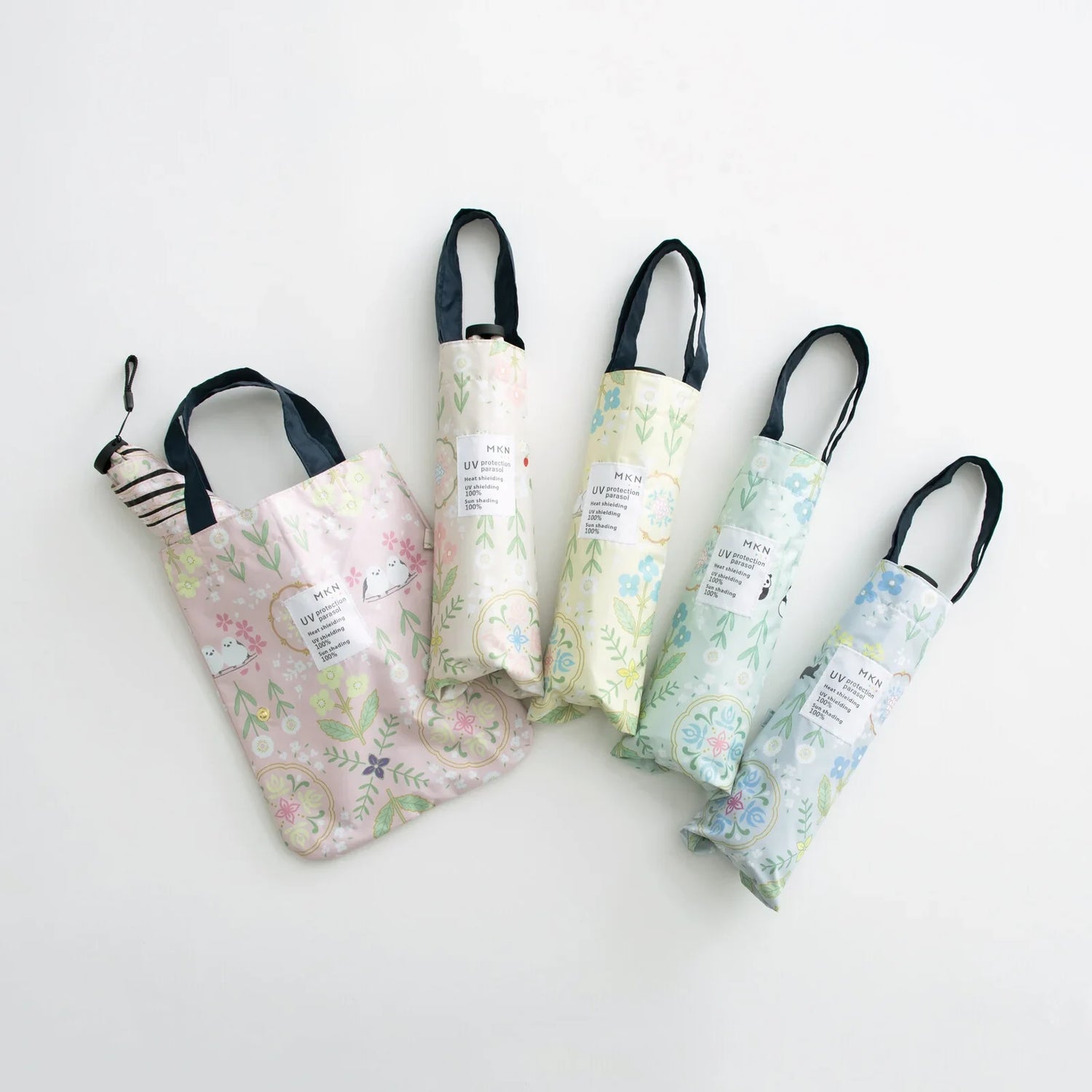 Shimaenaga Long-tailed Tit Mini Folding Umbrella (Flower Pattern - Pink) - 50cm All-weather UV- and Heat-blocking - Techo Treats