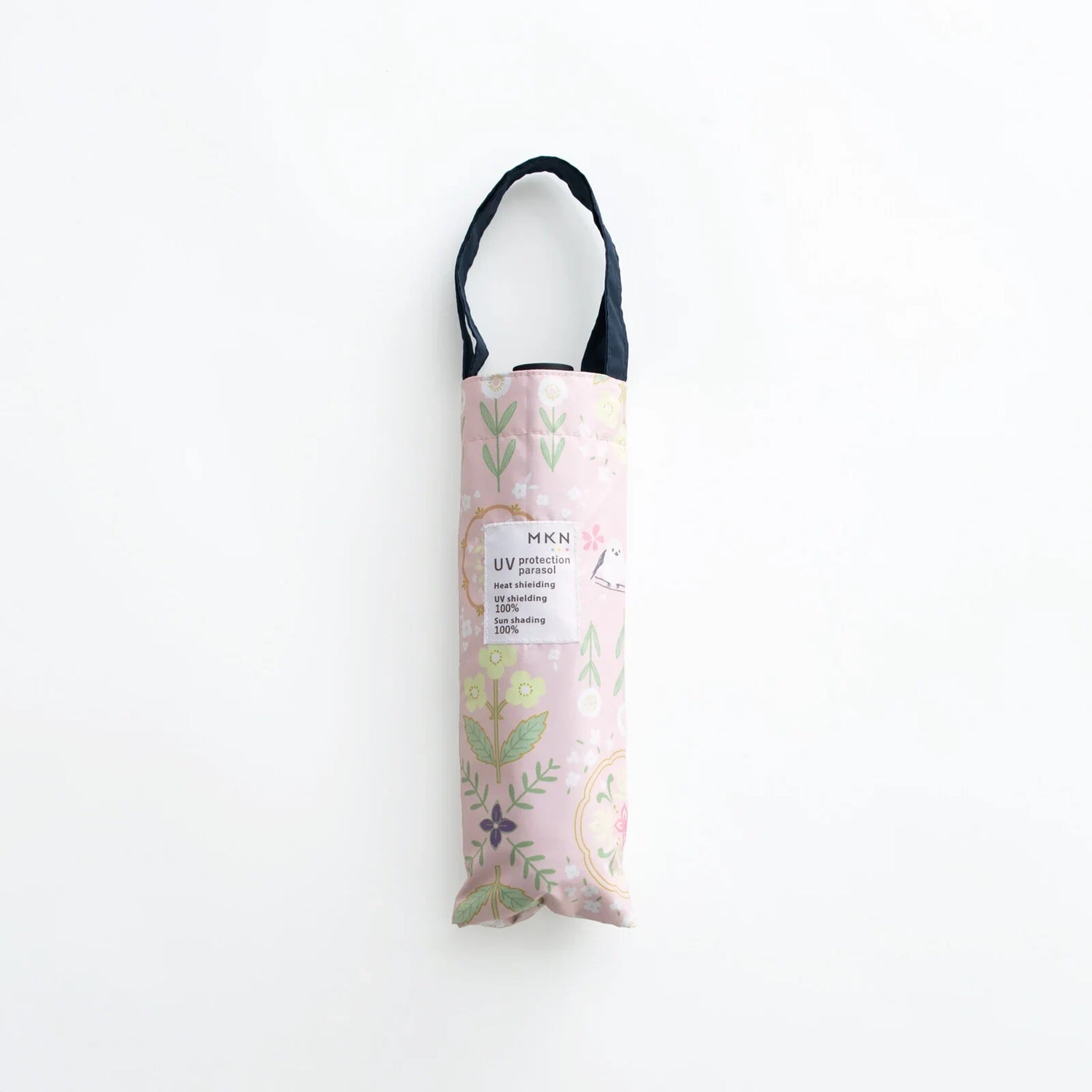 Shimaenaga Long-tailed Tit Mini Folding Umbrella (Flower Pattern - Pink) - 50cm All-weather UV- and Heat-blocking - Techo Treats