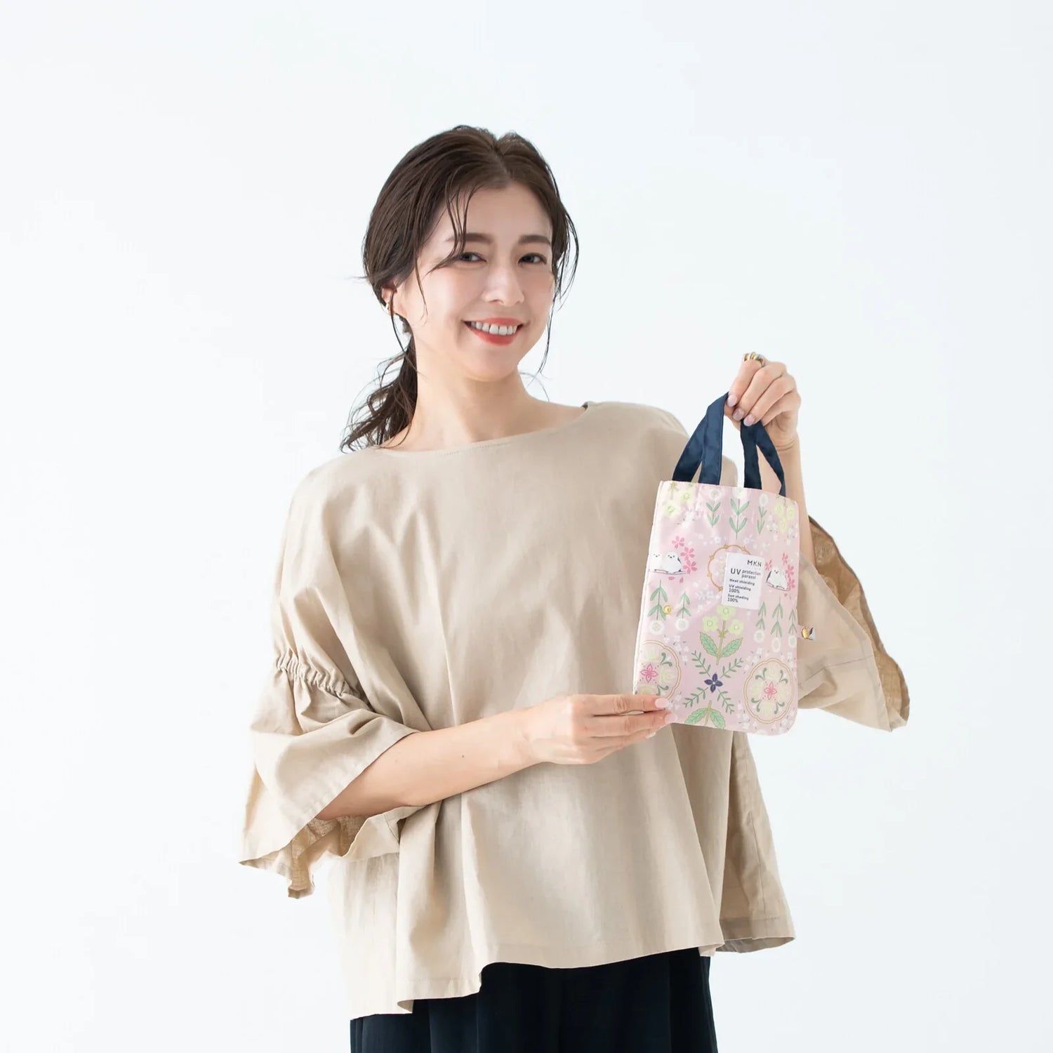 Shimaenaga Long-tailed Tit Mini Folding Umbrella (Flower Pattern - Pink) - 50cm All-weather UV- and Heat-blocking - Techo Treats