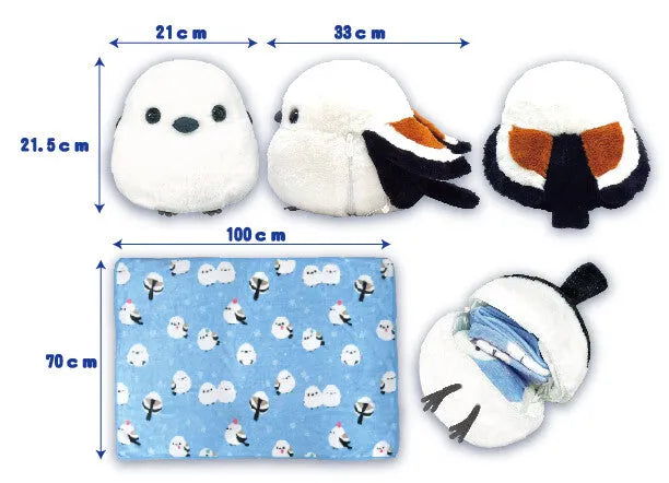 Shimaenaga Long-tailed Tit Stuffed Toy with Knee Blanket (21cm) - Techo Treats