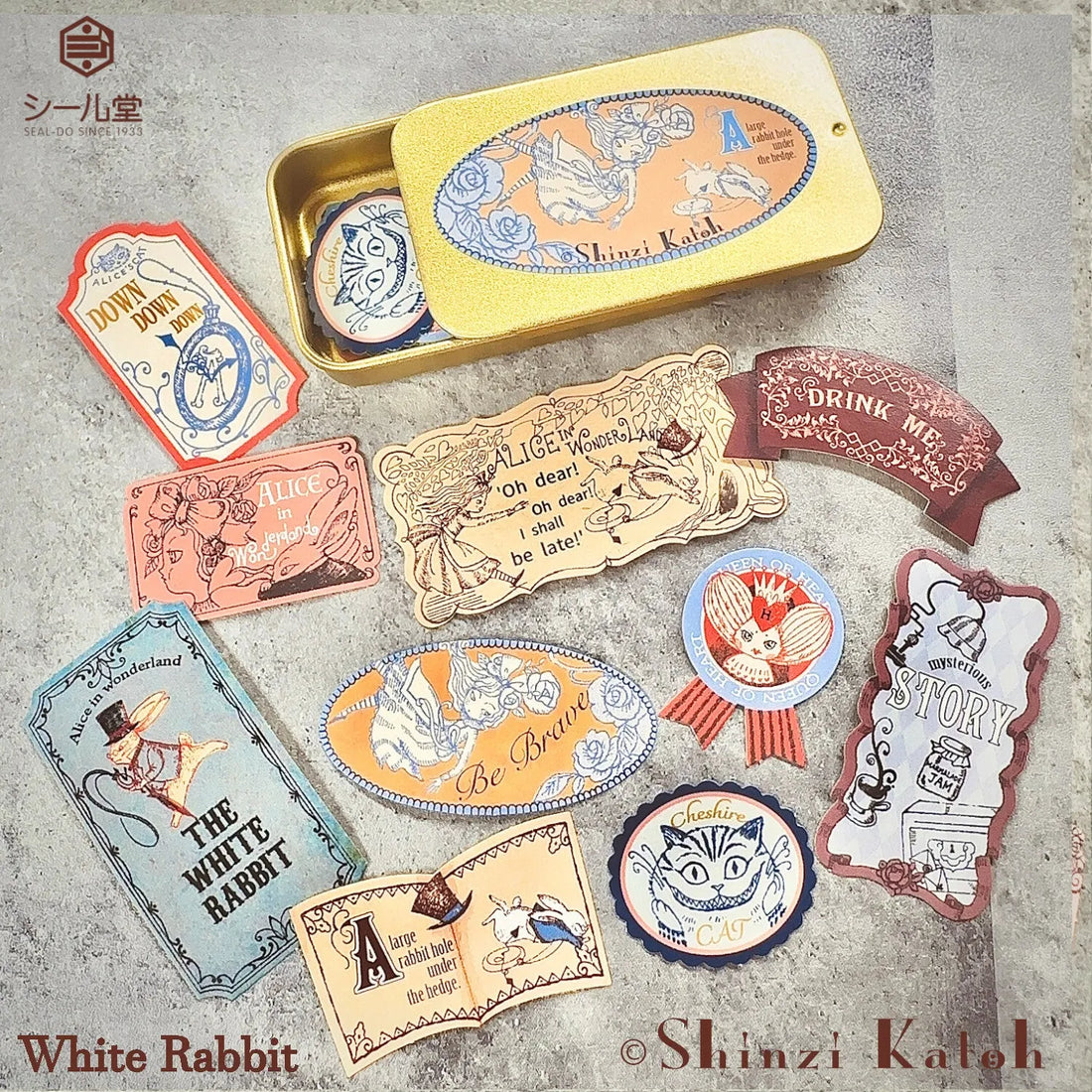 Shinzi Katoh Alice in Wonderland Flake Stickers in Tin - White Rabbit - Techo Treats