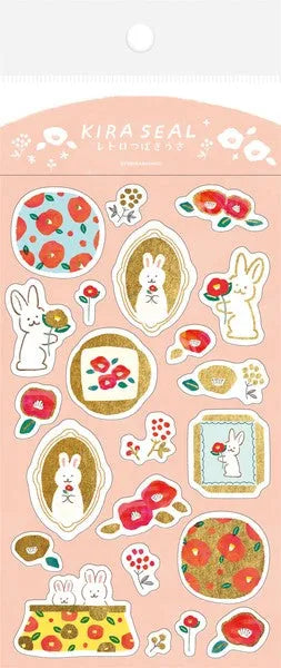 Winter Limited Foil-stamped Sticker Sheet - Retro Tsubaki Rabbit - Techo Treats