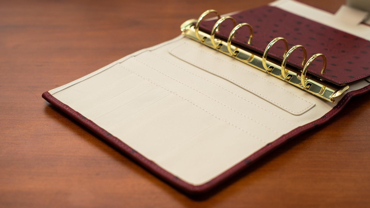 A6 International Ostrich Embossed Leather Planner - Burgundy x Cream White - Techo Treats