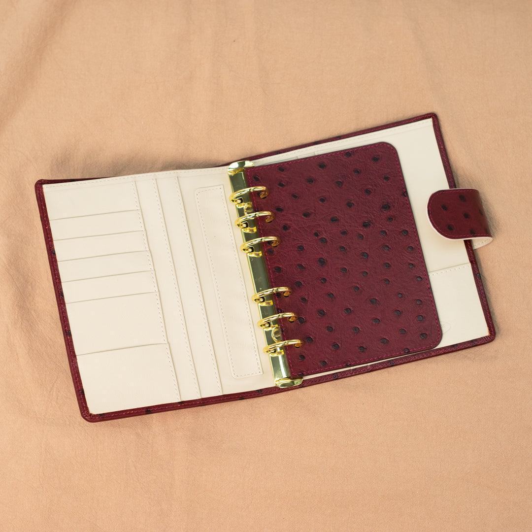 A6 International Ostrich Embossed Leather Planner - Burgundy x Cream White - Techo Treats