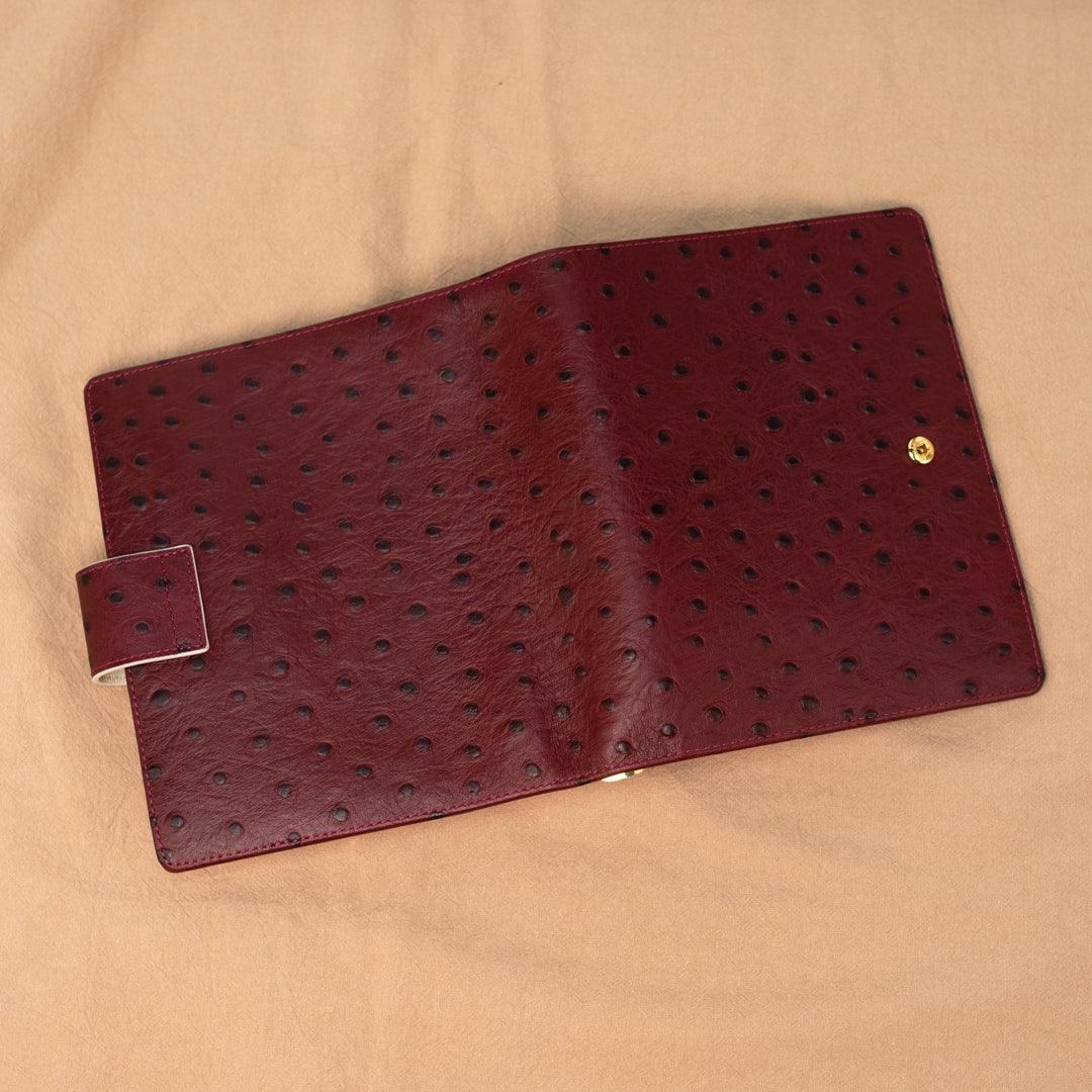 A6 International Ostrich Embossed Leather Planner - Burgundy x Cream White - Techo Treats