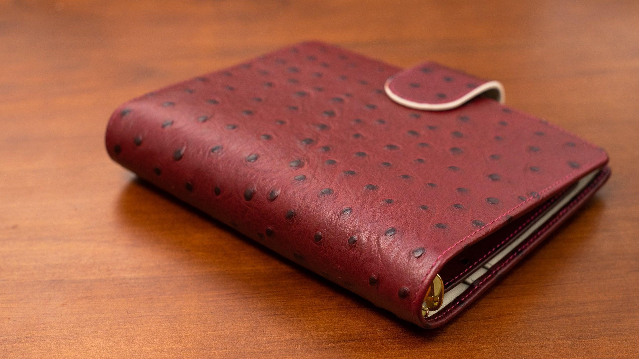 A6 International Ostrich Embossed Leather Planner - Burgundy x Cream White - Techo Treats